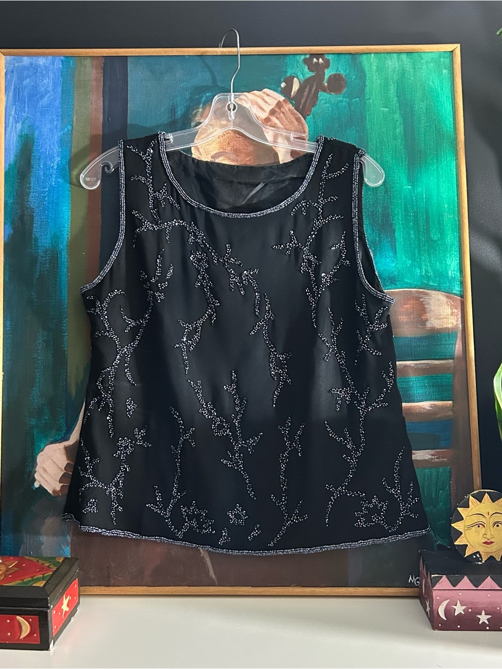 Vintage Black Beaded Sleeveless Top Floral Evening Y2K Size M